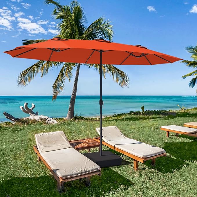 Tangkula 15 Ft Double Sided Patio Umbrella with Solar Lights, Extra Large Rectangle Outdoor Umbrella with 36 LED Lights & Crank Handle for Deck, Poolside, Garden, Backyard (Orange)