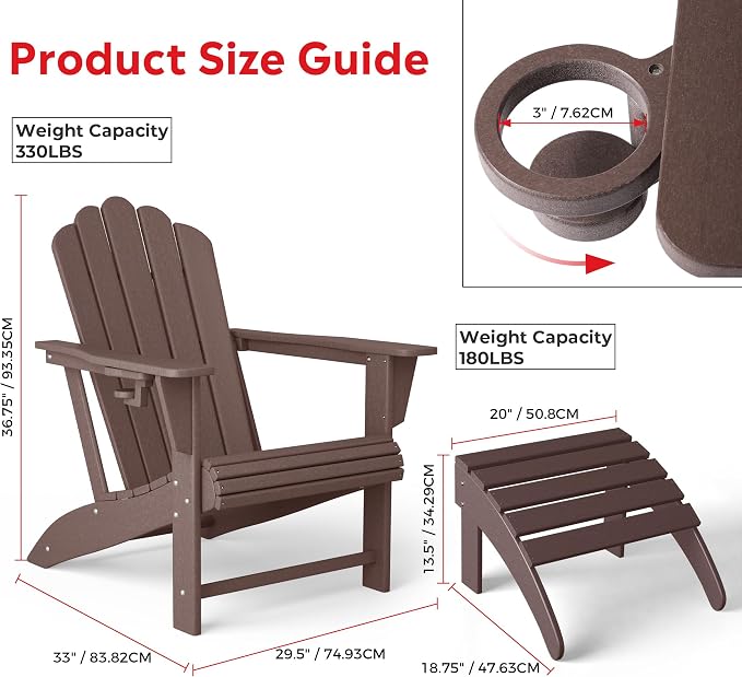 Costaelm Lakeview 2-Piece Outdoor Patio HDPE Adirondack Chair with Ottoman and Cup Holder Set, Dark Brown