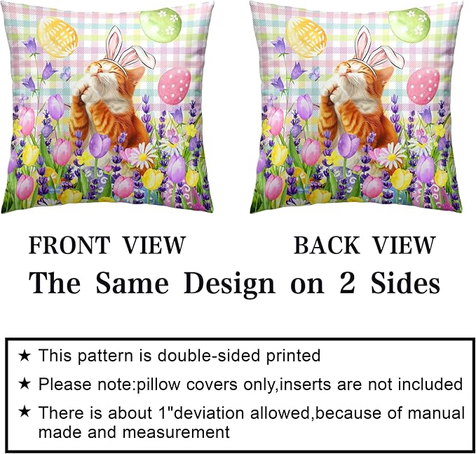 Spring Easter Pillow Covers 16x16 Set of 2 Lovely Cow Cat and Ginger Cat Wearing Bunny Ears Throw Pillow Covers Tulip Floral Pillow Case for Easter Decoration Sofa Patio Garden