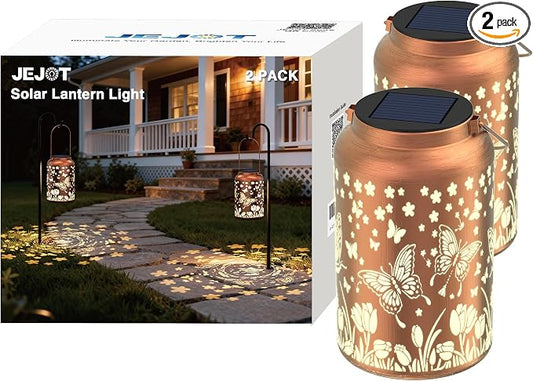 JEJOT Butterfly Solar Lanterns Outdoor Waterproof,Birthday Gift for Women | Gifts for Mom Grandma, Metal Hanging Solar Light for Yard Garden Porch Landscape Deconration-2Pack