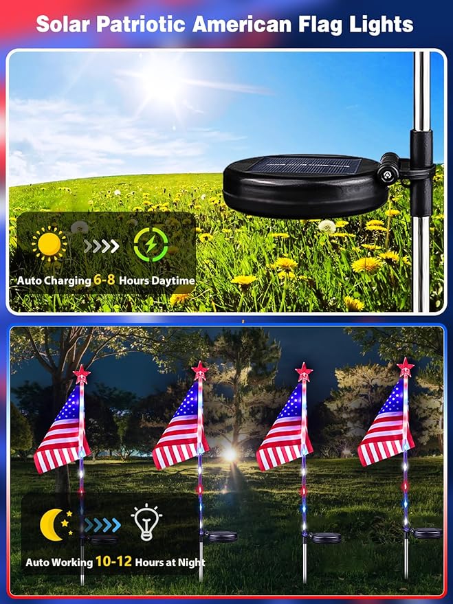 8 Pack Solar American Flag Lights Outdoor, 4th of July Decorations Outdoor, Waterproof Solar Flag Patriotic Lights for Yard, Garden, Pathway, Independence Day, 250th Anniversary (Red White and Blue)