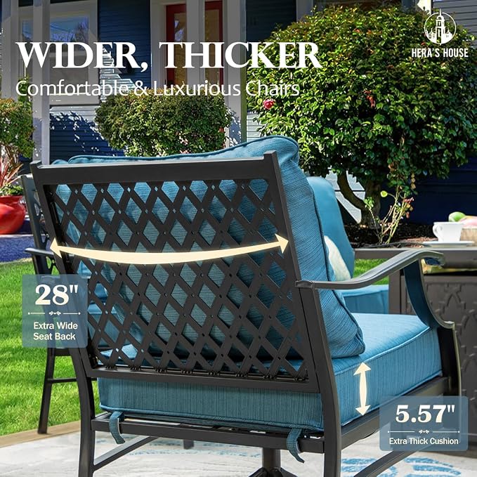 HERA'S HOUSE 6 Pieces Patio Furniture Set with Fire Pit Table, 2 x Single Chair, 2 x Ottoman, 3-Seat Sofa with 45" Fire Pit Table, Outdoor Conversation Set for Garden Poolside Backyard, Pacific Blue