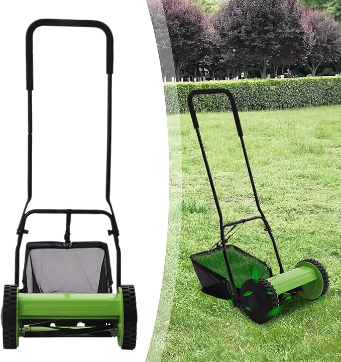 Manual Lawn Mower with Grass Catcher 12-Inch Manual Push Lawn Mower, 5 Precision Steel Blades, Adjustable Cutting Height