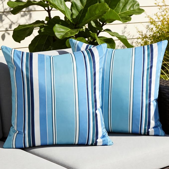 Waterproof Outdoor Pillow Covers 18x18 Inch Set of 2, Light Blue Stripe Decorative Throw Pillow Cover, Modern Farmhouse Cushion Cases for Spring Summer Patio Garden Porch Balcony Beach Sofa