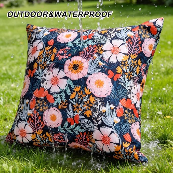 Outdoor Waterproof Pillow Covers Summer Decorative Throw Pillow Covers 20x20 Inch Floral Black Square Garden Cushion Sham Pillowcase Set of 2 Outside Decor for Patio Tent Garden Sofa Pillow Cases