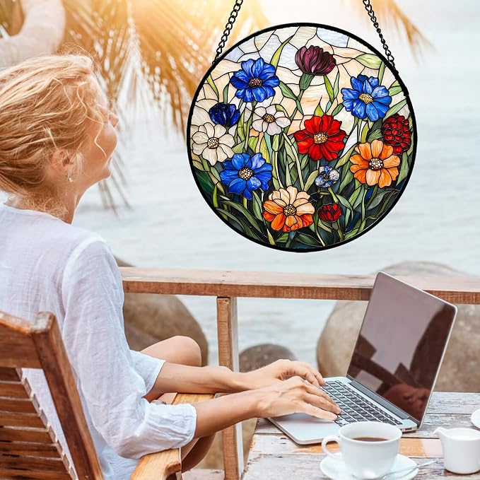 Stained Glass Suncatcher, Colorful Flowers Green Leaf Sun Catcher Landscape Stain Glass Window Hanging Decoration Mother's Day Birthday Gifts for Women Men Mom Nana 15 in