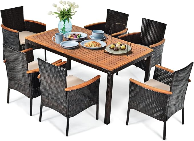 7 Pieces Patio Dining Set Outdoor Dining Set with Umbrella Hole, Wicker Patio Furniture Set with Acacia Wood Table and Chairs, Garden Dining Table Set for Backyard, Desk, Poolside (Brown)