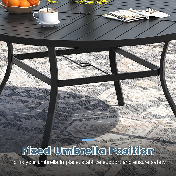DIFY 9 Pieces Outdoor Dining Set, Metal Patio Table and Chairs Set for 8 with Umbrella Hole, 63" Black Round Table and Dark Grey Textilene Swivel Patio Chairs for Garden, Backyard, Poolside