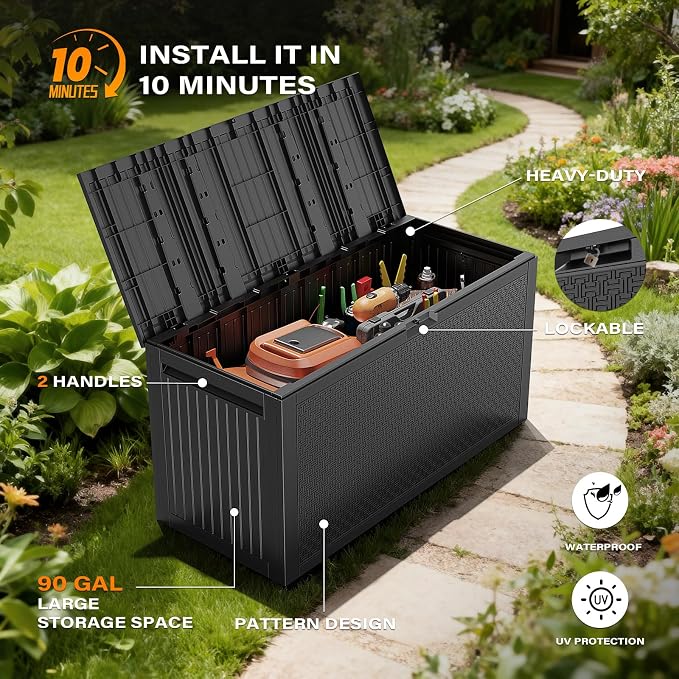VINGLI 90 Gallon Outdoor Storage Box, Lockable Plastic Storage Containers with Lid, Patio Deck Box Furniture for Garden, Pool, Balcony, Yard (Black)