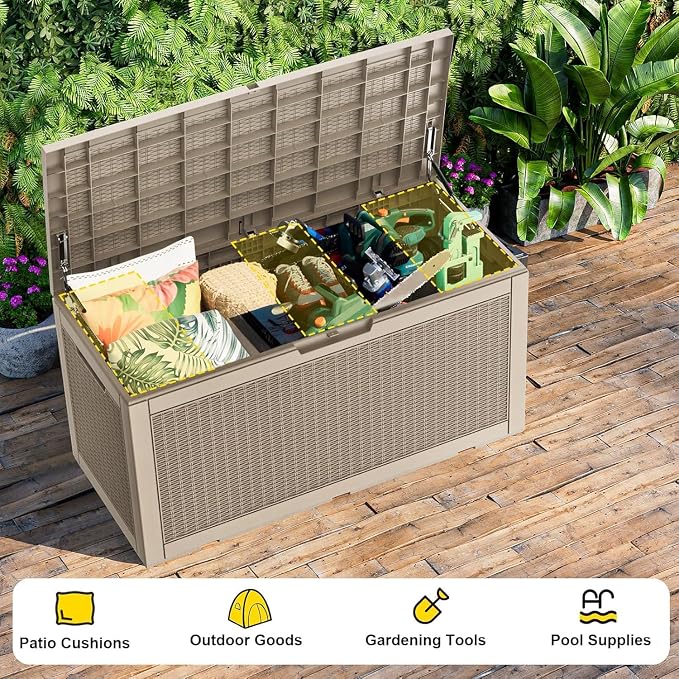 60 Gallon Waterproof Resin Deck Box, UV Resistant Outdoor Storage for Garden, Patio, Porch, Delivery（Gray，60 Gallon）