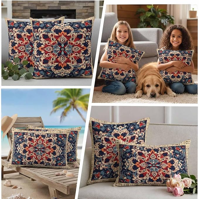 Bohemian Waterproof Outdoor Pillow Covers Set of 2 Home Decor, Blue Retro Boho Ethnic Farmhouse Colorful Pillowcase Patio Pillow Covers for Couch Bench Furniture Garden 16x16in