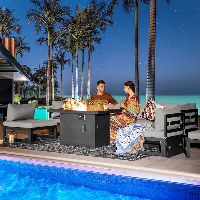 RADIATA 9 Piece Oversized Modular Outdoor Furniture Set with Fire Pit Table, 29 inch Deep Wide Sectional Seating, Heavy Duty Aluminum Frame for 500 lbs, Patio Conversation Set for Poolside, Light Gray