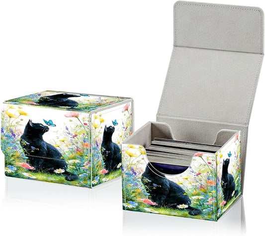 Card Deck Box for MTG, Cards Storage Box Fits 120+ Sleeved, Leather Small Size Strong Magnetic Closing Card Case for Board Games Magic TCG CCG Baseball Collection, Lawn Black Cat
