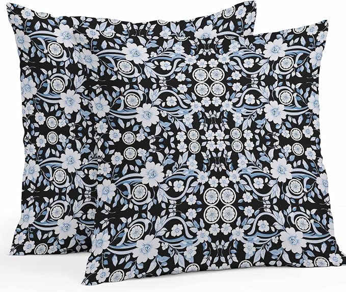 Black Blue Floral Outdoor Pillow Covers 24x24 Inch Throw Pillow Covers Set of 2 Waterproof Decorative Pillow Cases Vintage Pastoral Botanical Leaves Cushion Covers for Patio Furniture Garden Couch