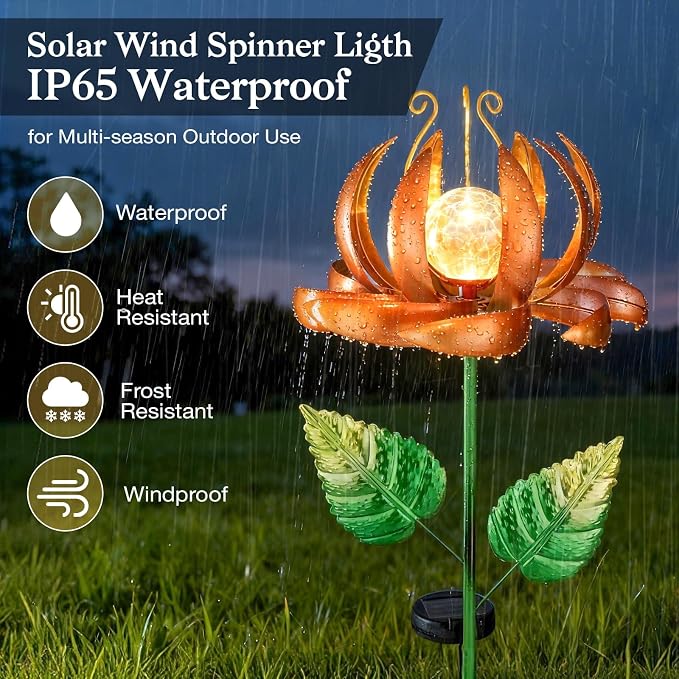 Solar Yard Lights Wind Spinners- Metal Lotus Flower Garden Decor LED Crackle Glass Globe Yard Art Sculpture Solar Stake Lights for Patio Pathway Lawn Walkway (Yellow-Large)