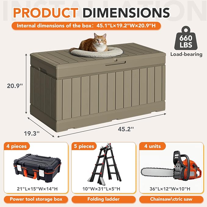 78 Gallon Deck Box Outdoor Indoor Waterproof Storage Box for Patio Furniture, Pool Accessories, Garden Tools, and Cushion Storage, Coffee