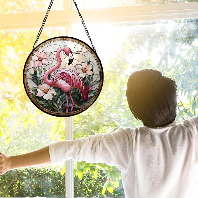 DASTOLL Stained Glass Window Hanging, Flamingo Flower Sun Catchers Diamond Glass Panel Hangings Pink Suncatcher Decor for Birthday for Women, Men, Wife, Aunt, and Mom 15x15 in