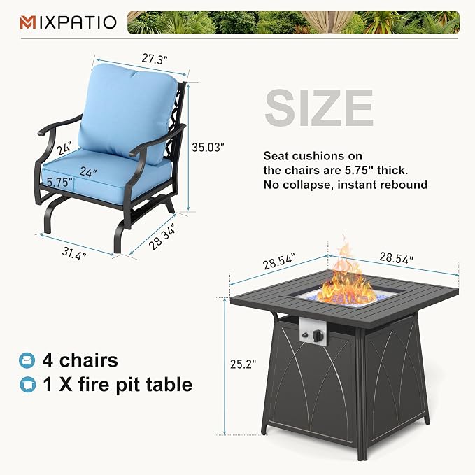 MIXPATIO Patio Furniture Set with Fire Pit Table, 5 Pcs Metal Outdoor Conversation Set, 4 Rocking Chairs with 5.75" Extra Thick Cushion and 28" Fire Pit Table for Backyard Deck, Blue