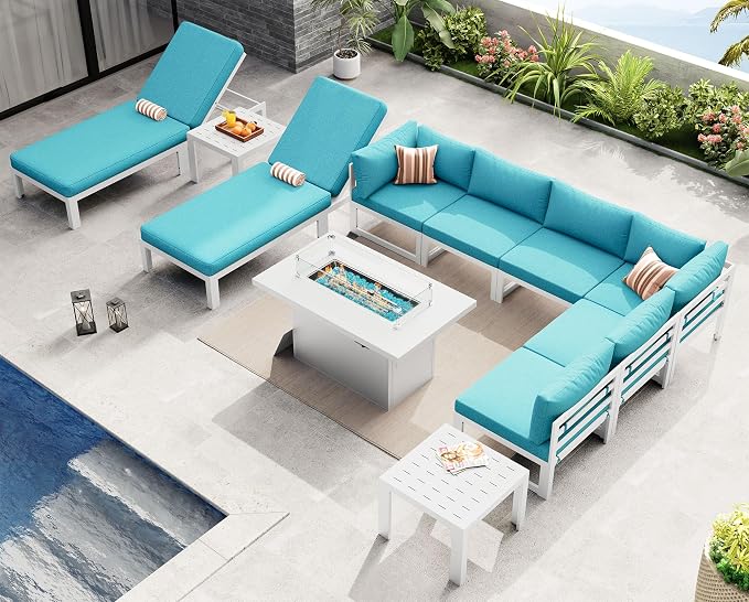 NICESOUL 8 People Large Luxury Aluminum Patio Conversation Set with Lounge Chair & Fire Pit Table, 29" Deep Wide Modular Sectional Couch, 500 lbs Heavy Duty All Weather Outdoor Sofa for Poolside, Teal