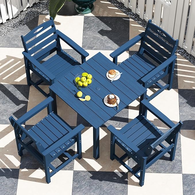 Domi HDPE Outdoor Dining Set, All-Weather Outdoor Dining Table Set of 5 with 2" Umbrella Hole, Outdoor Patio Dining Set for Garden, Poolside, Backyard, Deck, Blue