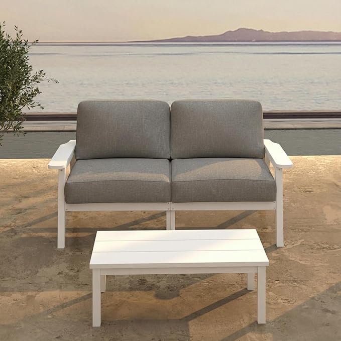 Patio Furniture Set 2 Seats, HDPE Outdoor Sectional with Gray Washable Thick Cushions, Coffee Table, Patio Conversation Sets for Lawn, Garden, Porch, Balcony, Deck (White Frame)