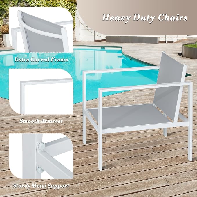 Athena Collection Patio Bistro Set Table and Chairs Set of 4, Outdoor Furniture Set Heavy Duty Conversation Sets Metal Loveseat with Upholstered Seat and Cushions, Gray