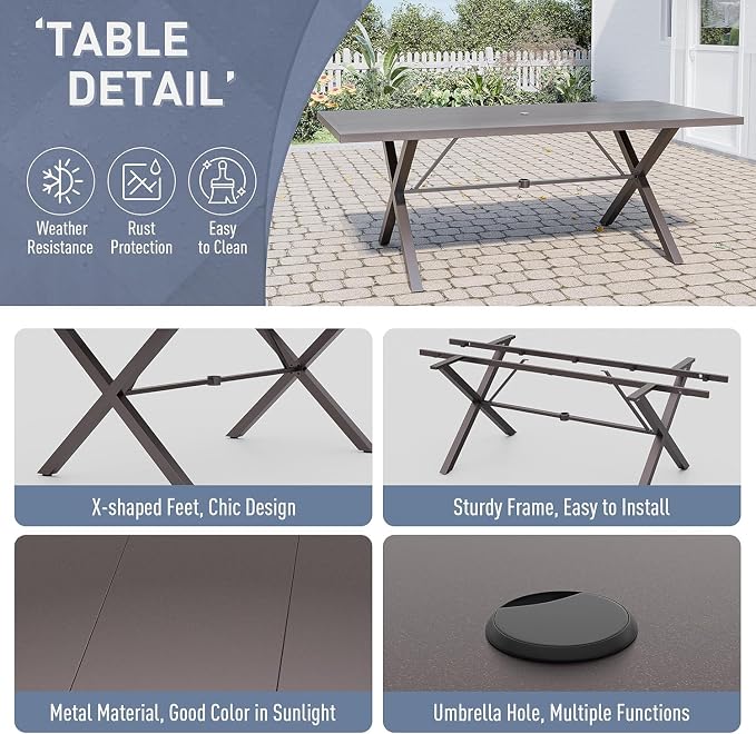 7 Piece Outdoor Dining Set for 6, Metal Patio Table and Chairs with Cushions, Patio Furniture Set with 6 Stackable Chairs, Rectangular Patio Dining Table with Umbrella Hole, Lawn Deck, Yard-Navy