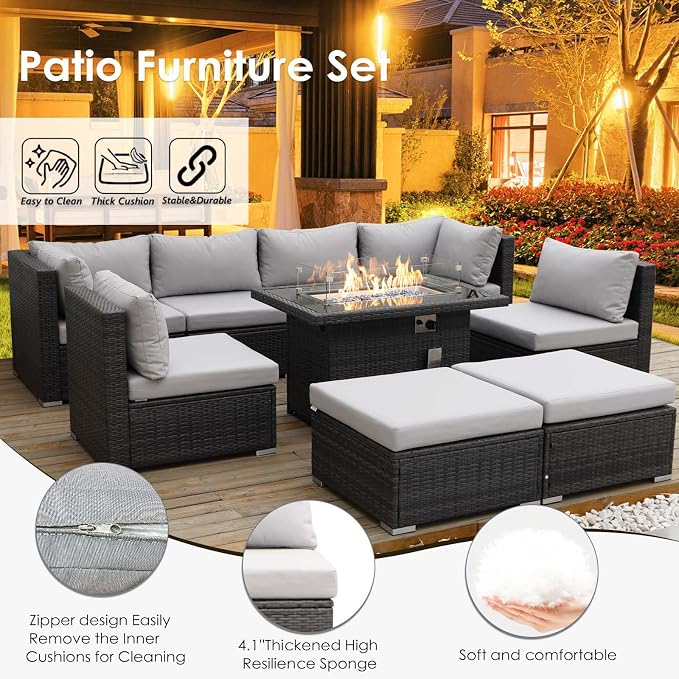 RADIATA 9 Piece Wicker Patio Furniture Set with Fire Pit, All-Weather Outdoor Sectional Couch High Back Large Size, Modular Backyard Seating Sofa Set with Propane/Natural Gas Firepit Table, Light Grey