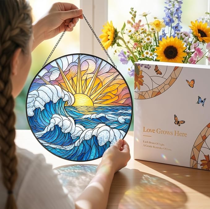 Deluxe Bundle | Stained Glass Window Hanging, Ocean Sunrise 3D Embossed Diamond Glass Suncatcher, 7-Piece Coastal Gift Set with Crystal Pendant & Invisible Hooks