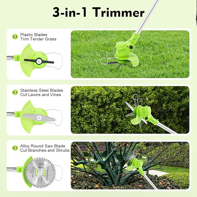 Cordless Grass Trimmer Electric Weed Wacker Cordless with D-Shaped Handle and Auxiliary Wheels (2 x 24V 1.3Ah Batteries & Charger) Adjustable Telescopic Rod for Garden Maintenance