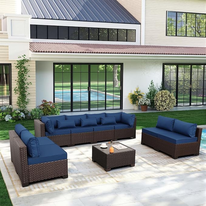 Rattaner 9 Pieces Outdoor Sectional All-Weather HDPE Brown Wicker Patio Furniture Set Patio Sectional and Glass Patio Table Non-Slip Cushions and Waterproof Covers, Navy Blue