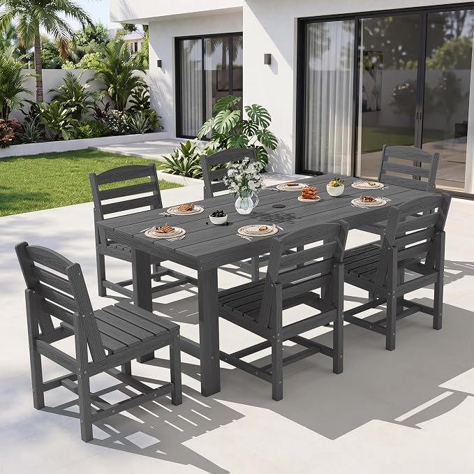KINGYES 7-Piece Patio Dining Set, HDPE Table and Armless Chairs Outdoor Furniture Set with Umbrella Hole, Gray