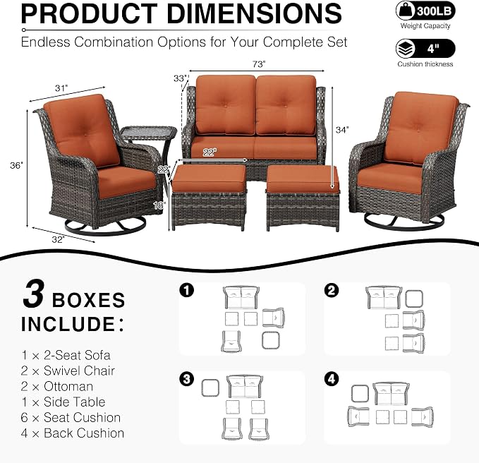 Joyside 6 Piece Wicker Patio Furniture Set, Outdoor Swivel Rocker Patio Chairs with High Back, Deep Seating, Wide Armrest, Thickened Cushions, Outdoor Furniture for Deck, Porch Use