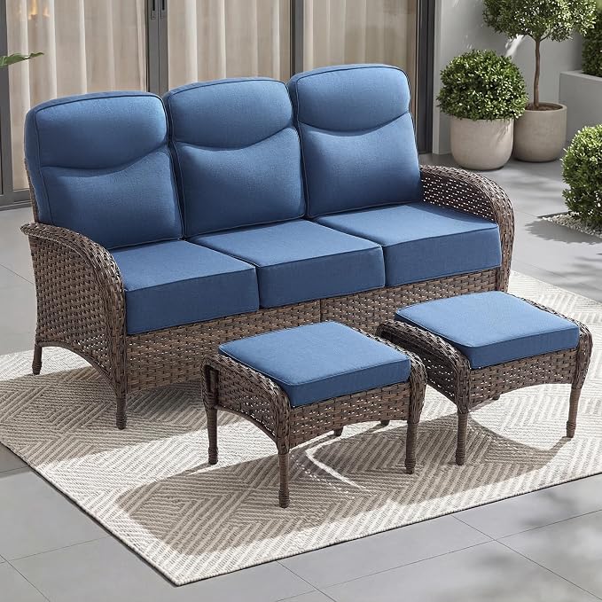 Outdoor Patio Sofa Set (3pcs) with High-Back Design—Thickened Cushions, Sofa Footstool, Patio Set, All-Weather Wicker Patio Furniture Set, Suitable for Balconies and Patios, Available in Brown/Blue