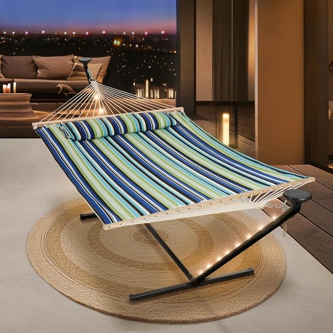 SUNCREAT Hammocks Stand Alone Hammock with Solar Powered Lights, Portable Standing Hammock, Green