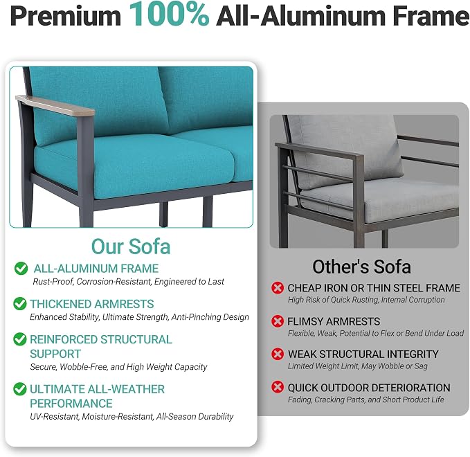 Aluminum Outdoor Patio Furniture Set with Swivel Rocking Chairs 9-Seat, Patio Sectional Sofa with Ottomans Patio Conversation Set with 55,000 BTU Fire Pit Table & High Backrest, Turquoise