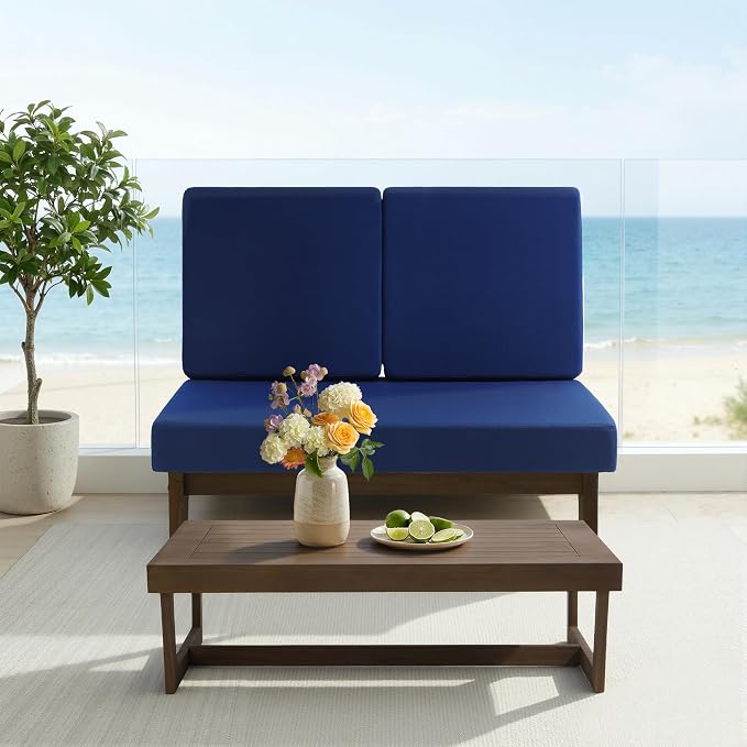 All Weather Wood Patio Furniture Sets, 3 Pieces Patio Loveseat Sofa Outdoor Sectional Futniture Backyard Conversation Set with Solid Wooden Coffee Table - Navy Blue