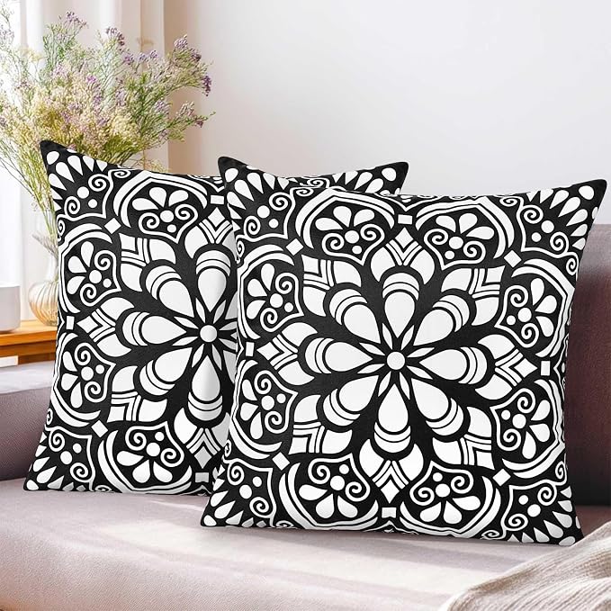 cygnus Boho Waterproof Outdoor Pillow Covers 18x18 inch Black and White Mandala Outdoor Pillows for Patio Furniture,Garden,Deck, Porch