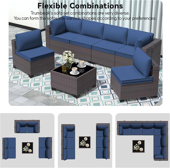 Patio Furniture Set 7 Pieces Outdoor Sectional Sofa Set,All Weather Wicker Patio Sofa PE Rattan Patio Conversation Set w/Cushions and Glass Coffee Table,NavyBlue