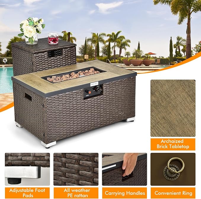 Tangkula 8 Piece Outdoor Wicker Sofa Set, Patio Rattan Conversation Set w/32” Propane Fire Pit Table & Tank Holder, 40,000 BTU Heat Output, Cozy Seat & Back Cushions, Fire Pit PVC Cover (Turquoise)