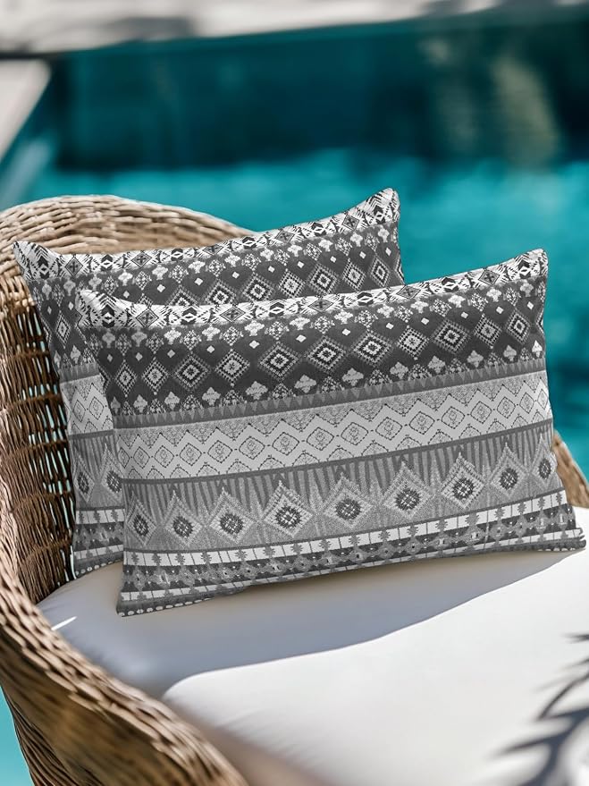 Waterproof Outdoor Pillow 1 Pack Black Bohemian Decorative Throw Pillows Cover & Insert 20x12 Inch Lumbar Pillowcase Boho Style Floral Leaves Geometric Pillows for Couch Sofa Bed Patio Furniture