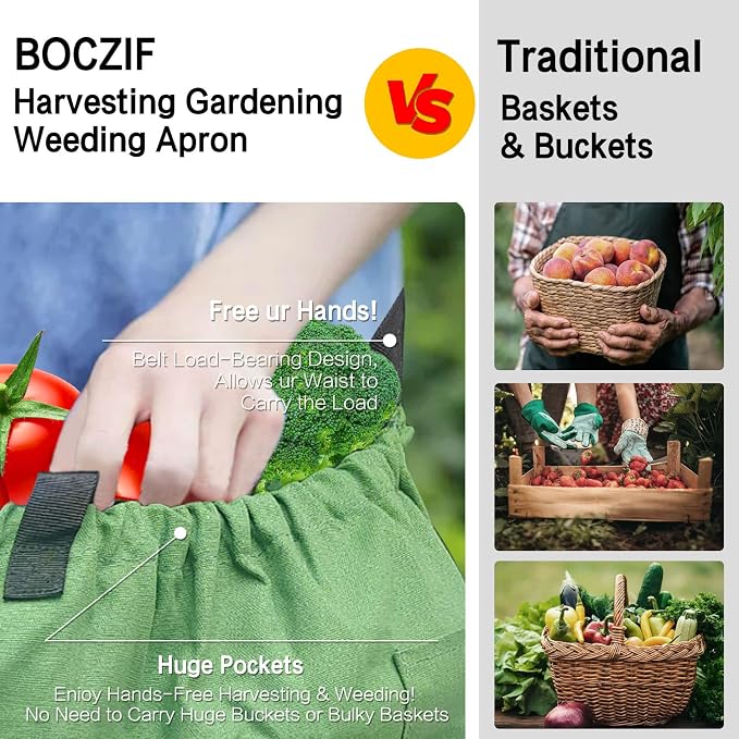 Boczif Gardening Apron with Pockets, Garden Harvest Apron, Perfect for Weeding, Vegetables, Fruits, Berry Picking, Gathering Eggs Herb, Garden Tool Organizer Waist Belt for Gardeners Women Men