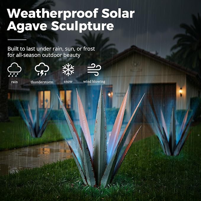 KODIBO 24" Metal Agave Plant Outdoor Decor with Solar Light, Vintage Blue | Solar-Powered Tequila Rustic Sculpture, Waterproof Material, Outdoor Patio Lawn Ornament Yard Stakes, Gift for Garden Lovers