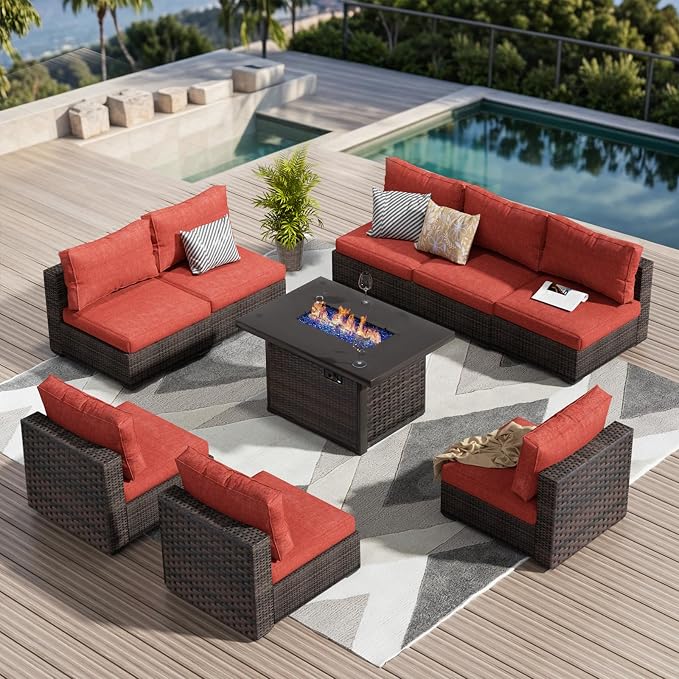9 Pieces Outdoor Sectional Patio Furniture Set with Fire Pit Table PE Rattan Wicker Patio Sectional Armless Conversation Set with Cushions Red