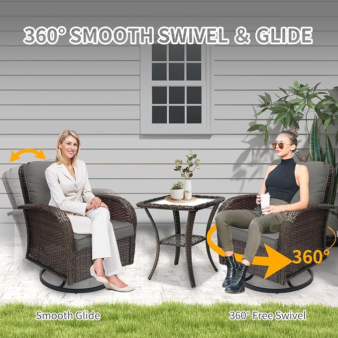 SHGJ&SOFT 3 Piece Patio Furniture Set, 2 Outdoor Swivel Rocking Chairs with Side Table, Wicker Glider Chairs, All-Weather Rattan Bistro Set for Porch, Deck, Pool (Grey, Brown Full-Weave Rattan)