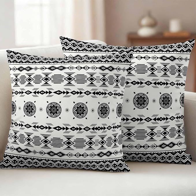 Black White Boho Outdoor Pillow Covers 20x20 Inch Throw Pillow Covers Set of 2 Waterproof Decorative Pillow Cases Vintage Abstract Art Ethnic Tribe Cushion Covers for Patio Furniture Garden Couch Sofa