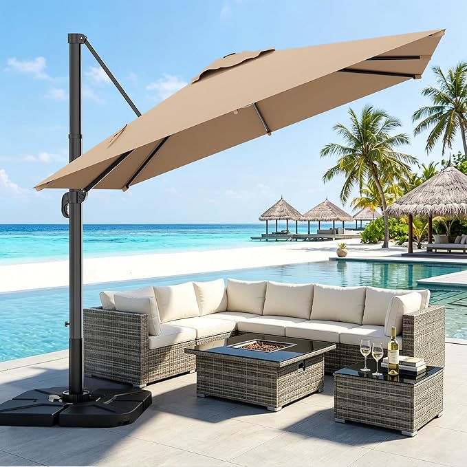 AreShark 9 X 9 FT Cantilever Patio Umbrella, 360-Degree Rotation Square Hanging Offset Umbrella with Crank, Heavy Duty Patio Umbrella for Patio, Pool, Garden, Deck, Beige
