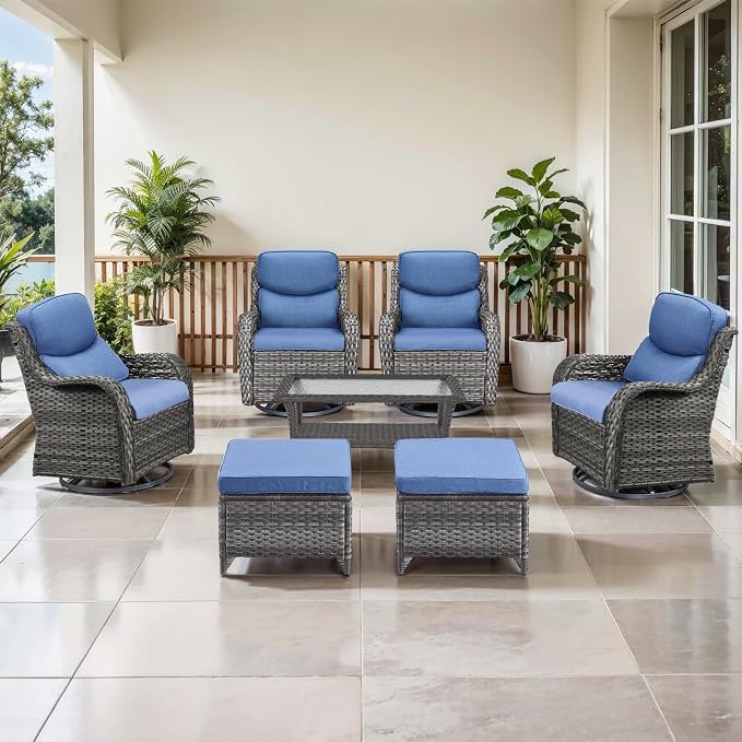 Outdoor Swivel Rocker Patio Chairs Set of 4 with Coffee Table - 5" Thick Cushion 7 Piece Furniture Set All Weather Comfortable Wicker Conversation Set for Porch Deck - Gray/Blue