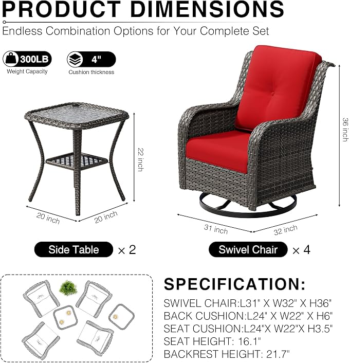 Joyside 6 Piece Wicker Patio Furniture Set, Outdoor Swivel Rocker Patio Chairs with High Back, Deep Seating, Wide Armrest, Thickened Cushions, Outdoor Furniture for Deck, Porch Use