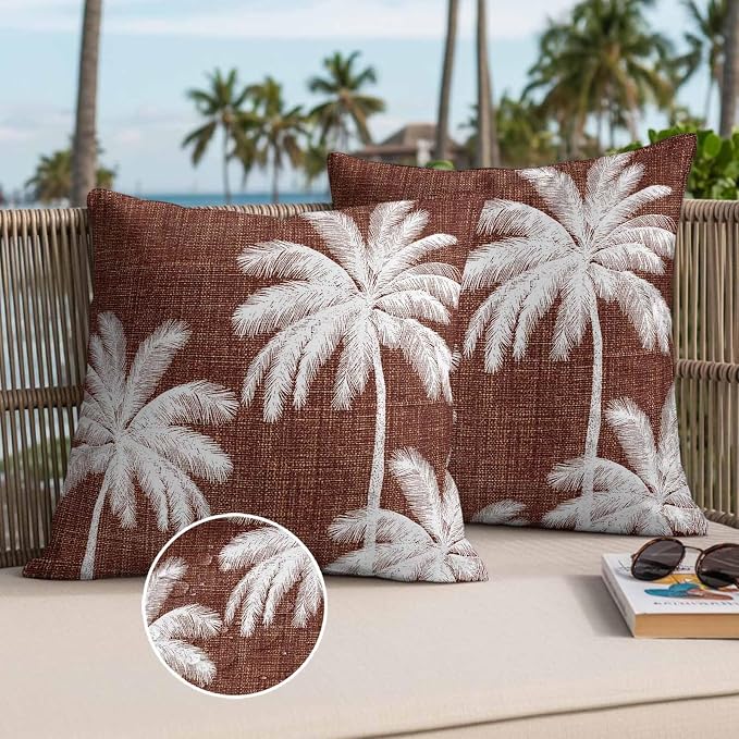 Outdoor Pillow Covers 24x24 Inch Set of 2, Brown Palm Trees Waterproof Throw Pillow Covers, Farmhouse Tropical Summer Beach Decorative Cushion Pillowcases for Couch, Sofa, Bed, Garden, Patio